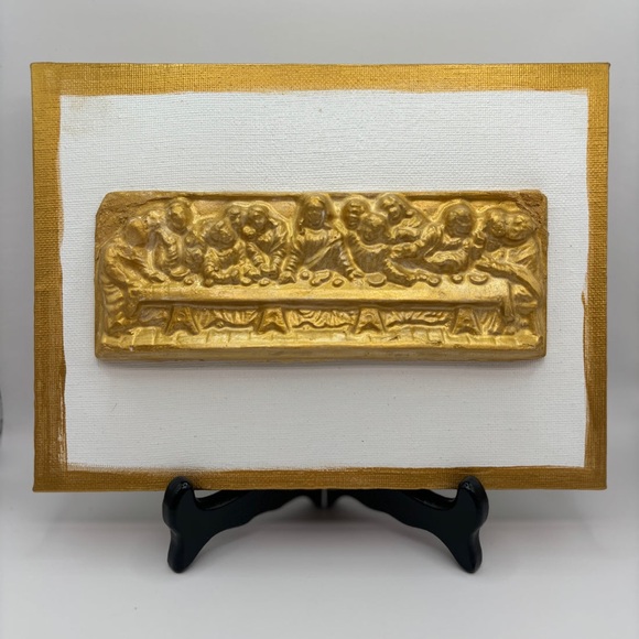 The Last Supper Hand Casted in Gold on 8” x 6” Canvas & Black Wooden Easel - Picture 1 of 5